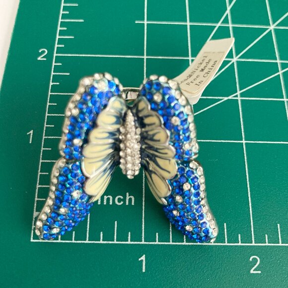 Vintage Blue Butterfly Cocktail Ring Statement Size 7 9 Crystal Rhodium Plated - Picture 10 of 13